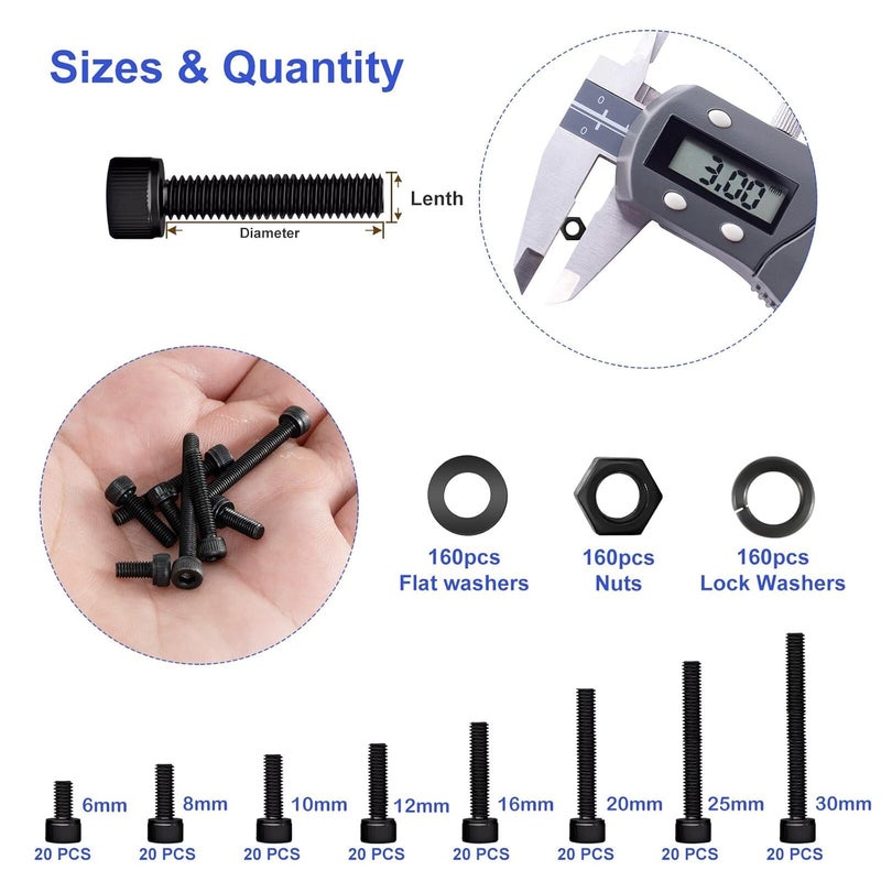 MklusiveTech 642Pcs M3 Screw Kit 12.9 Grade High Strength Carbon Steel M3 Bolts and Nuts Assortment Metric Machine Screw Assortment Black 6mm 8mm 10mm 12mm 16mm 20mm 25mm 30mm - Image 2